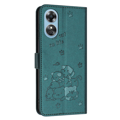 OPPO A78 4G Embossed Kitten PU Leather Wallet Case with Card Slots, Cash Pocket, Kickstand Function, Wrist Lanyard Strap, Full Protective TPU Flip Cover