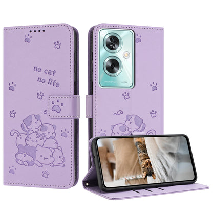 OPPO A79 5G Embossed Kitten PU Leather Wallet Case with Card Slots, Cash Pocket, Kickstand Function, Wrist Lanyard Strap, Full Protective TPU Flip Cover