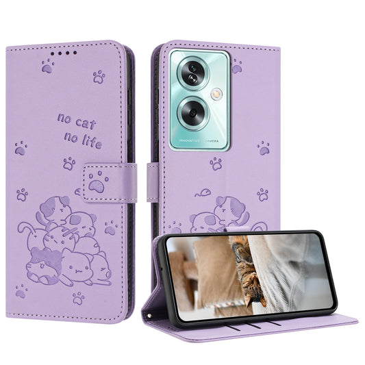 OPPO A79 5G Embossed Kitten PU Leather Wallet Case with Card Slots, Cash Pocket, Kickstand Function, Wrist Lanyard Strap, Full Protective TPU Flip Cover