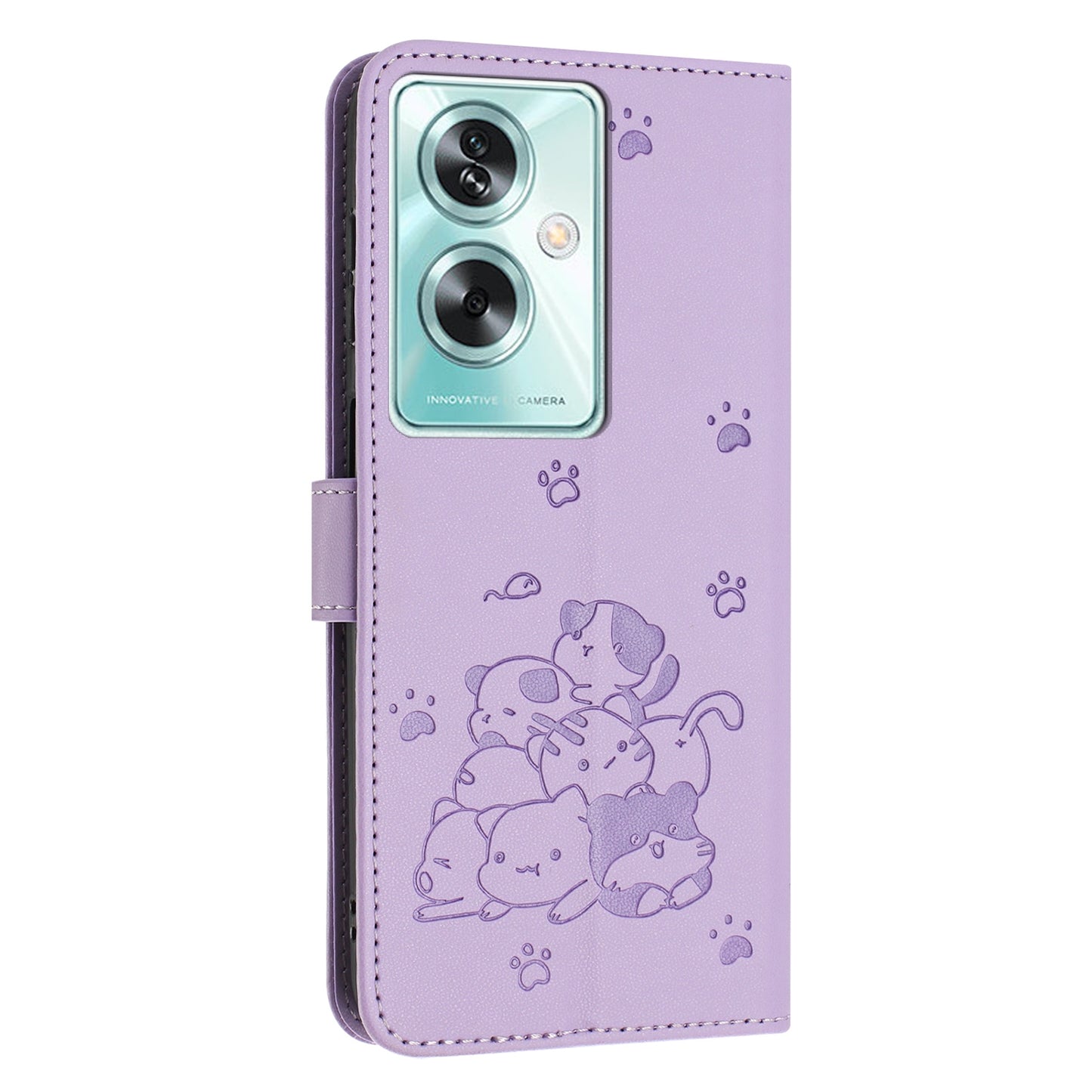 OPPO A79 5G Embossed Kitten PU Leather Wallet Case with Card Slots, Cash Pocket, Kickstand Function, Wrist Lanyard Strap, Full Protective TPU Flip Cover