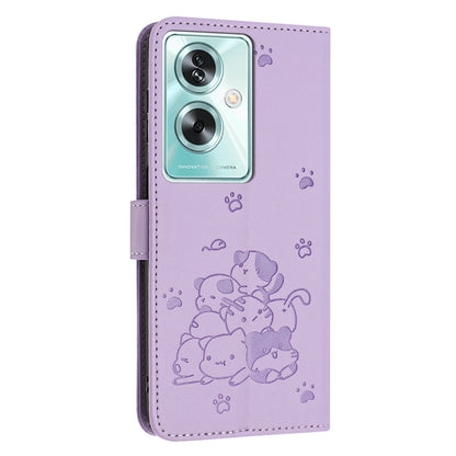 OPPO A79 5G Embossed Kitten PU Leather Wallet Case with Card Slots, Cash Pocket, Kickstand Function, Wrist Lanyard Strap, Full Protective TPU Flip Cover
