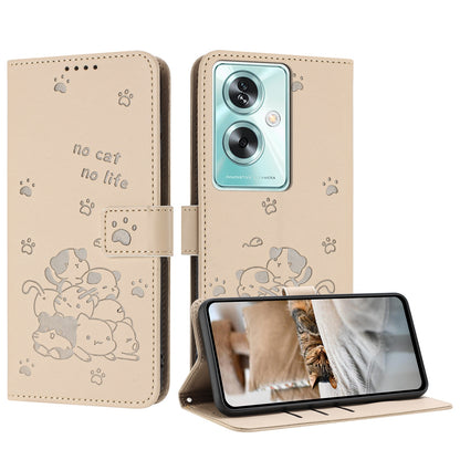 OPPO A79 5G Embossed Kitten PU Leather Wallet Case with Card Slots, Cash Pocket, Kickstand Function, Wrist Lanyard Strap, Full Protective TPU Flip Cover