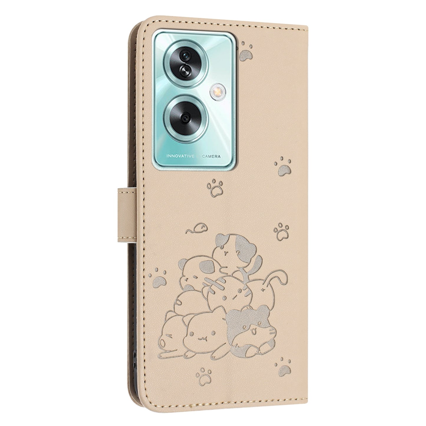 OPPO A79 5G Embossed Kitten PU Leather Wallet Case with Card Slots, Cash Pocket, Kickstand Function, Wrist Lanyard Strap, Full Protective TPU Flip Cover