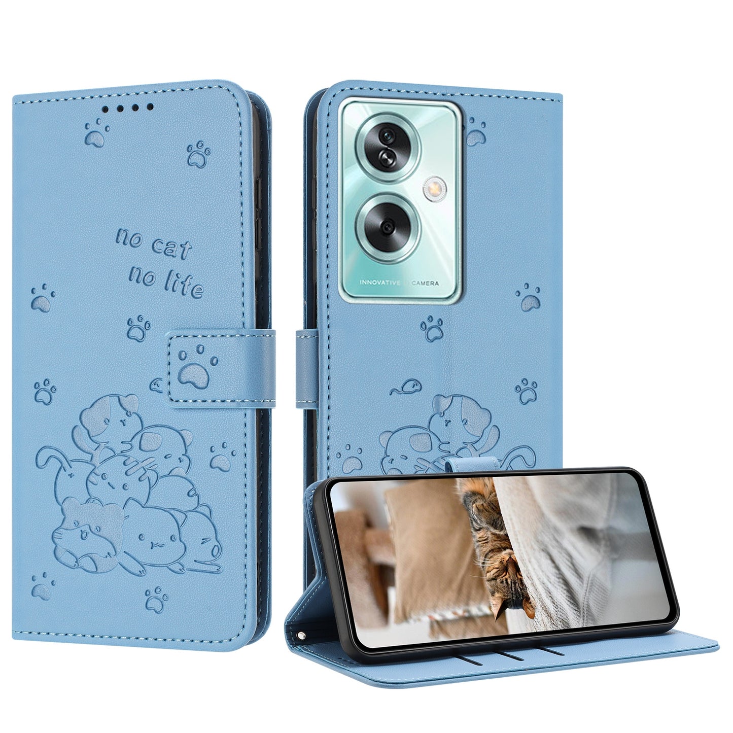 OPPO A79 5G Embossed Kitten PU Leather Wallet Case with Card Slots, Cash Pocket, Kickstand Function, Wrist Lanyard Strap, Full Protective TPU Flip Cover