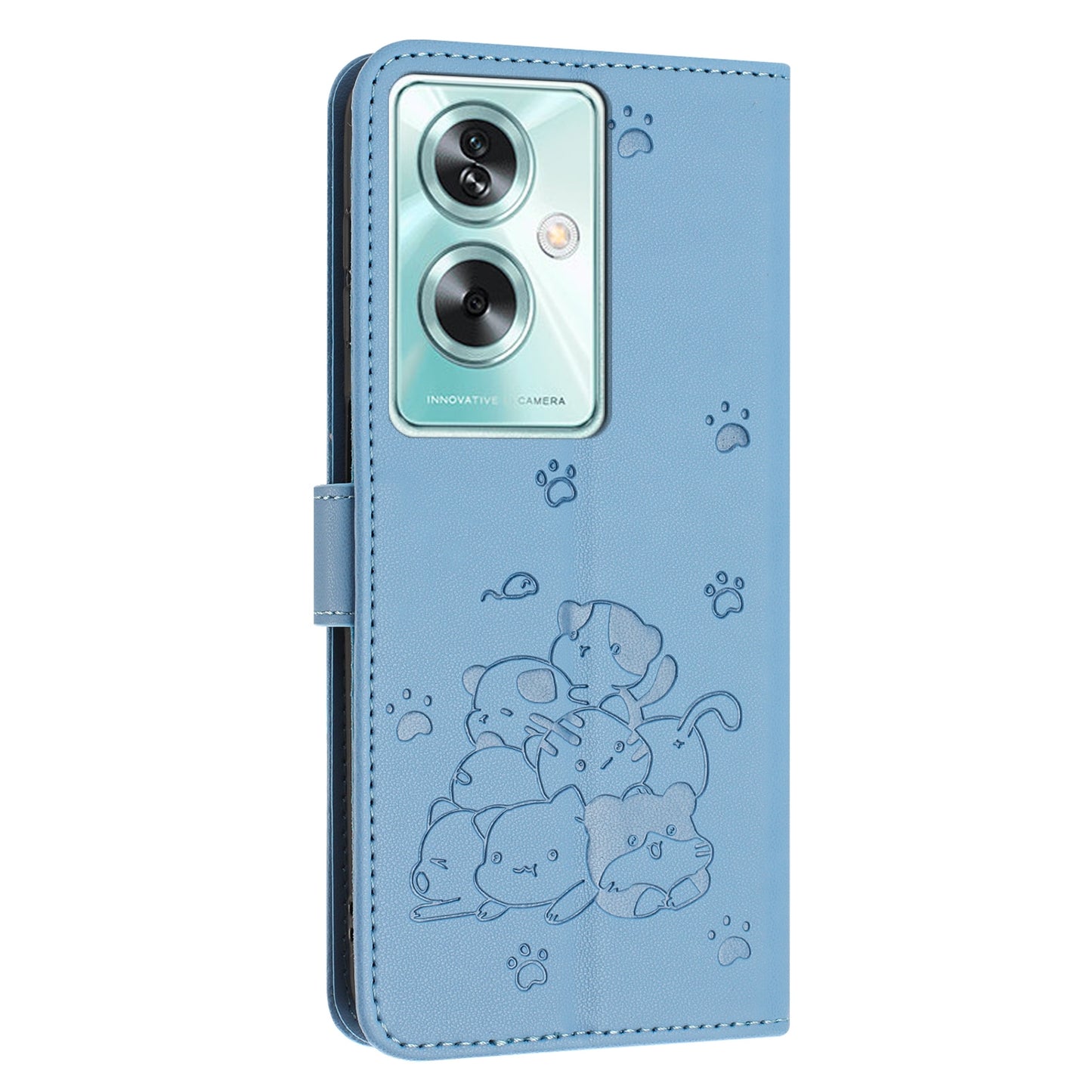 OPPO A79 5G Embossed Kitten PU Leather Wallet Case with Card Slots, Cash Pocket, Kickstand Function, Wrist Lanyard Strap, Full Protective TPU Flip Cover