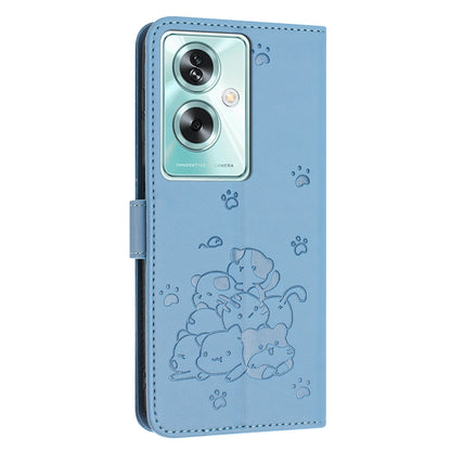 OPPO A79 5G Embossed Kitten PU Leather Wallet Case with Card Slots, Cash Pocket, Kickstand Function, Wrist Lanyard Strap, Full Protective TPU Flip Cover