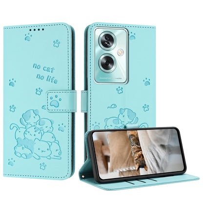 OPPO A79 5G Embossed Kitten PU Leather Wallet Case with Card Slots, Cash Pocket, Kickstand Function, Wrist Lanyard Strap, Full Protective TPU Flip Cover