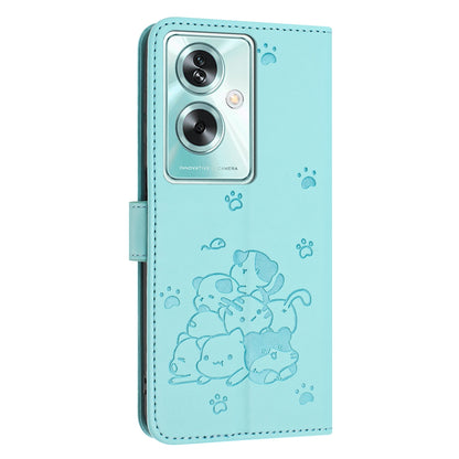 OPPO A79 5G Embossed Kitten PU Leather Wallet Case with Card Slots, Cash Pocket, Kickstand Function, Wrist Lanyard Strap, Full Protective TPU Flip Cover