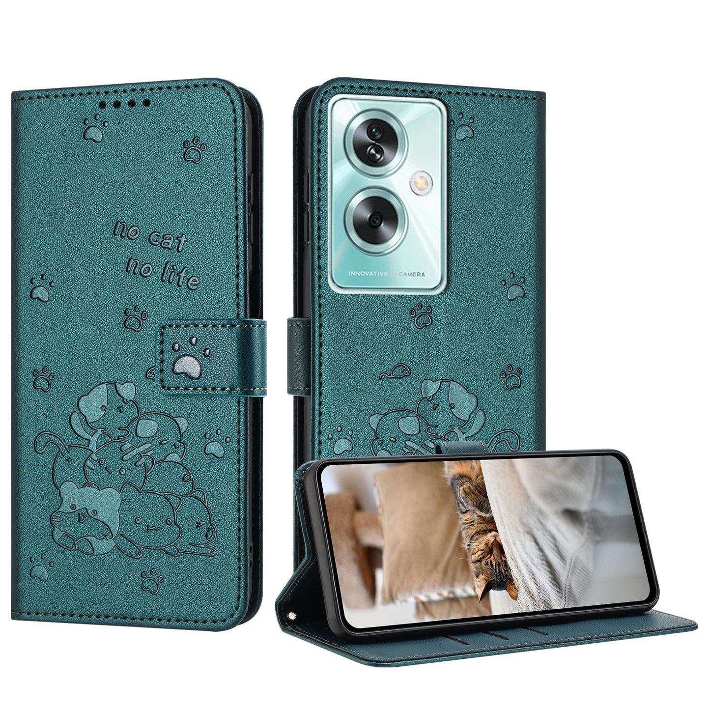 OPPO A79 5G Embossed Kitten PU Leather Wallet Case with Card Slots, Cash Pocket, Kickstand Function, Wrist Lanyard Strap, Full Protective TPU Flip Cover