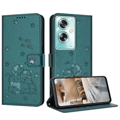 OPPO A79 5G Embossed Kitten PU Leather Wallet Case with Card Slots, Cash Pocket, Kickstand Function, Wrist Lanyard Strap, Full Protective TPU Flip Cover
