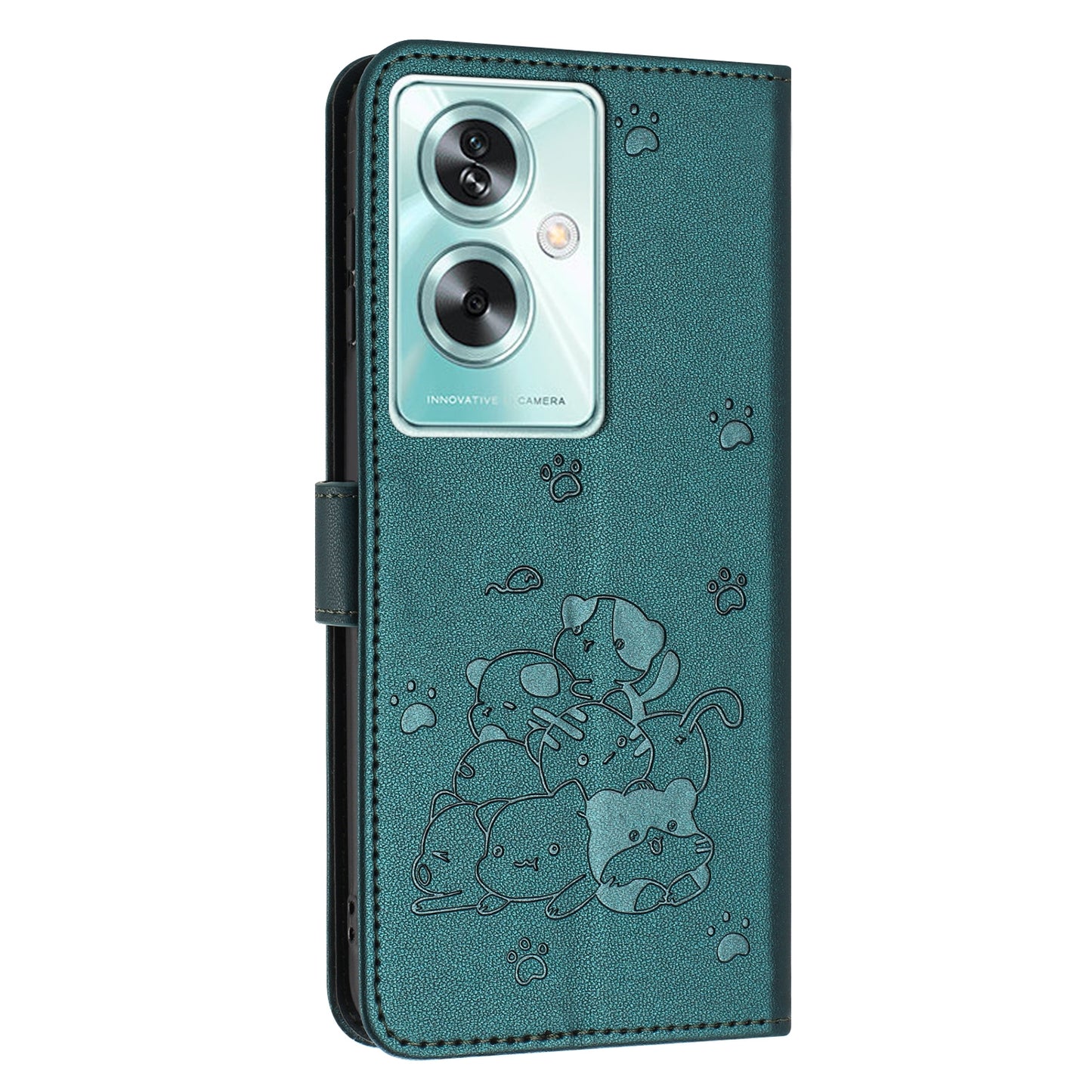 OPPO A79 5G Embossed Kitten PU Leather Wallet Case with Card Slots, Cash Pocket, Kickstand Function, Wrist Lanyard Strap, Full Protective TPU Flip Cover