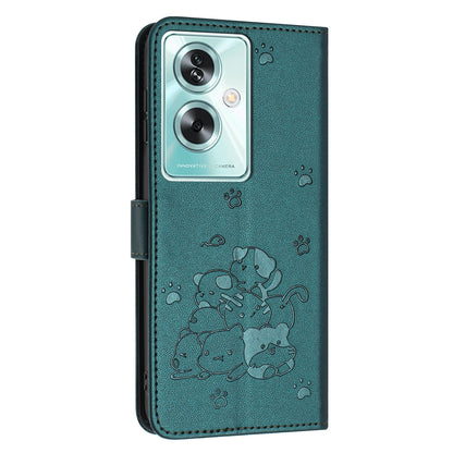 OPPO A79 5G Embossed Kitten PU Leather Wallet Case with Card Slots, Cash Pocket, Kickstand Function, Wrist Lanyard Strap, Full Protective TPU Flip Cover