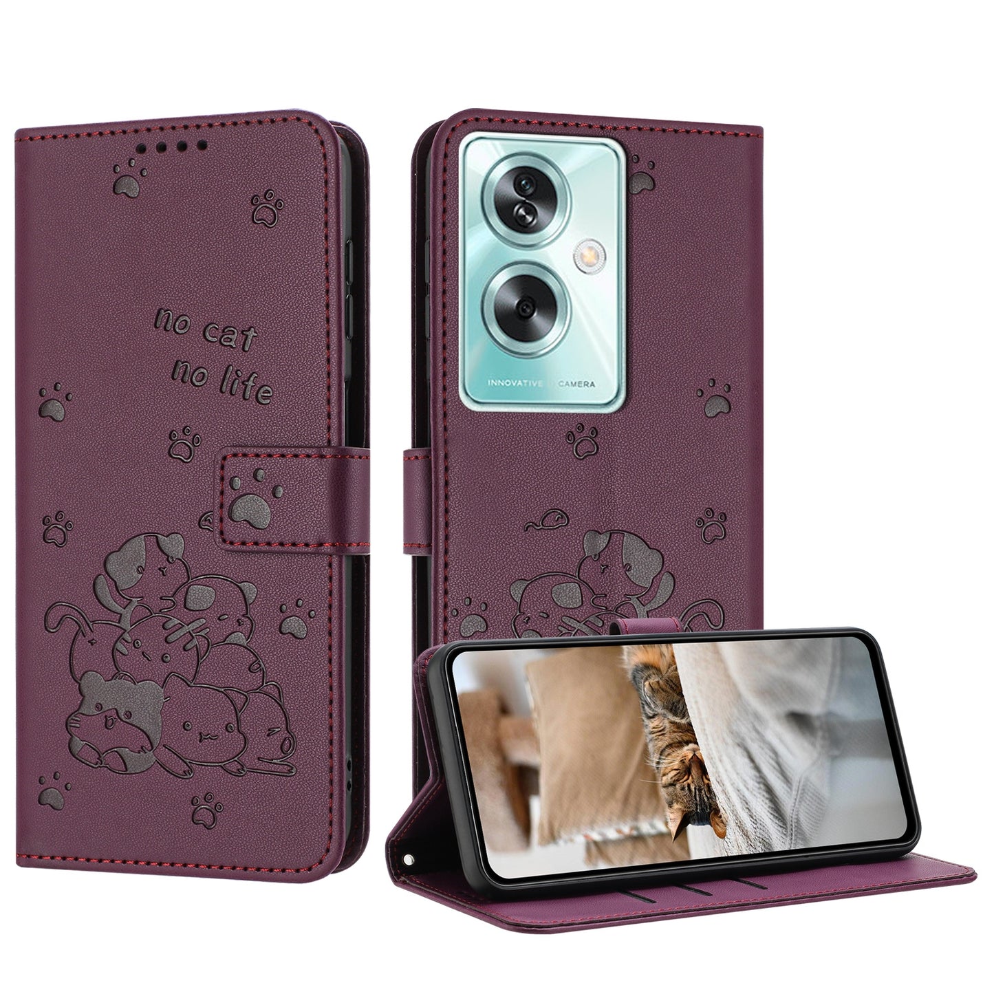 OPPO A79 5G Embossed Kitten PU Leather Wallet Case with Card Slots, Cash Pocket, Kickstand Function, Wrist Lanyard Strap, Full Protective TPU Flip Cover