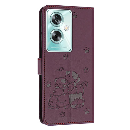 OPPO A79 5G Embossed Kitten PU Leather Wallet Case with Card Slots, Cash Pocket, Kickstand Function, Wrist Lanyard Strap, Full Protective TPU Flip Cover