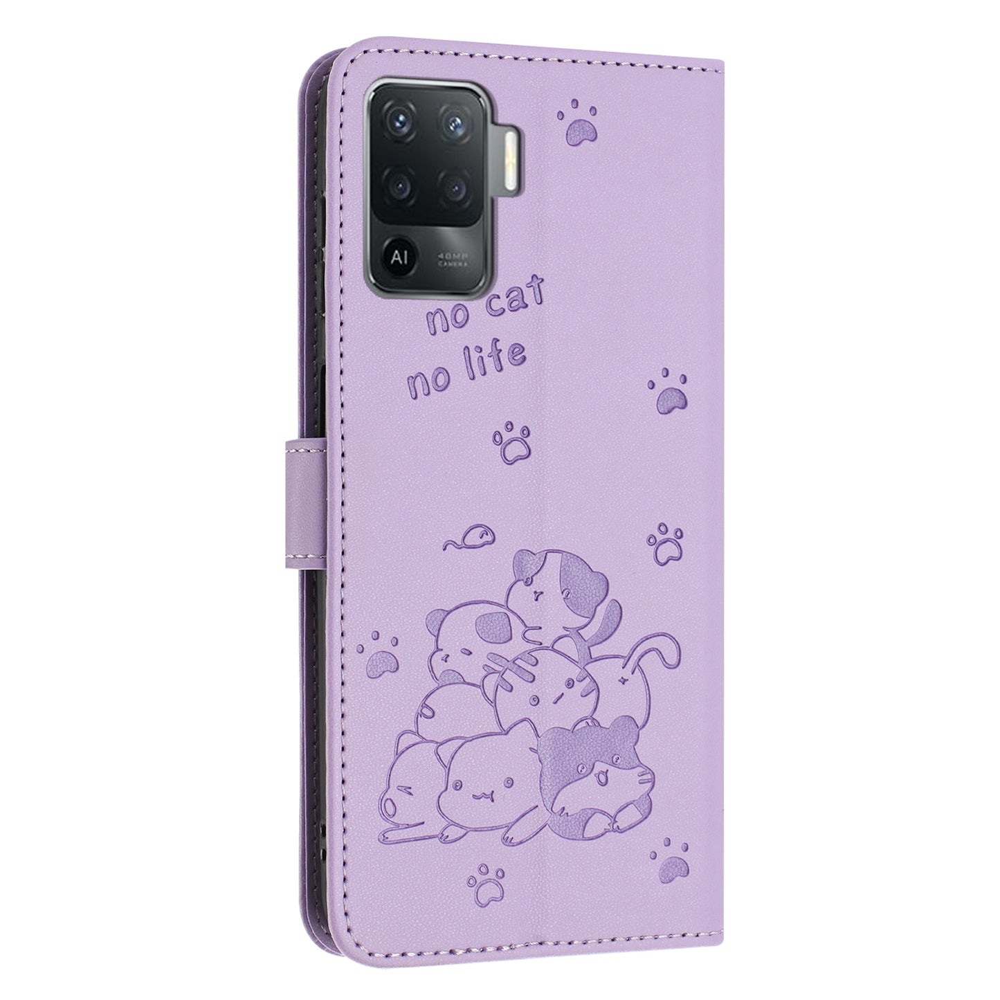 OPPO A94 4G Embossed Kitten PU Leather Wallet Case with Card Slots, Cash Pocket, Kickstand Function, Wrist Lanyard Strap, Full Protective TPU Flip Cover