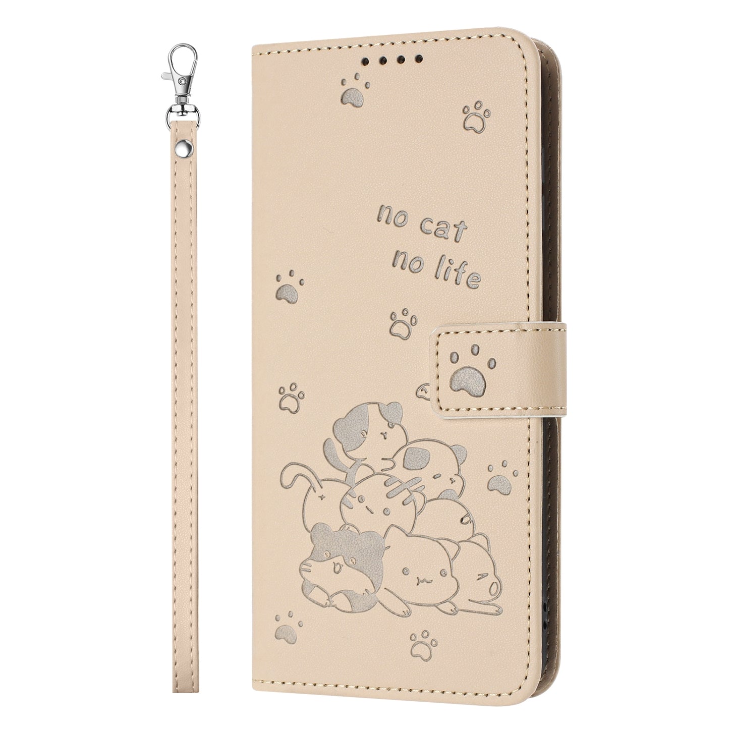 OPPO A94 4G Embossed Kitten PU Leather Wallet Case with Card Slots, Cash Pocket, Kickstand Function, Wrist Lanyard Strap, Full Protective TPU Flip Cover