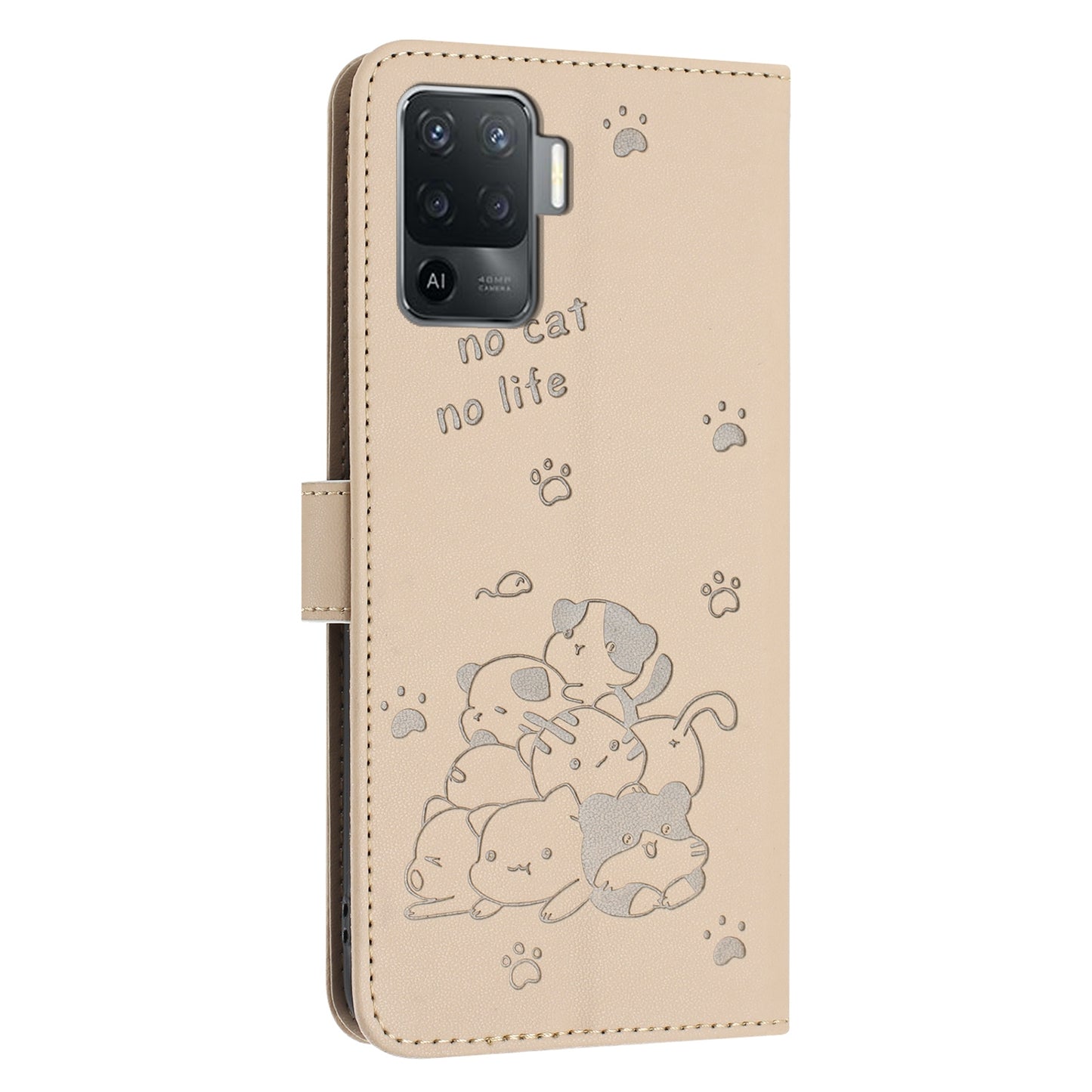 OPPO A94 4G Embossed Kitten PU Leather Wallet Case with Card Slots, Cash Pocket, Kickstand Function, Wrist Lanyard Strap, Full Protective TPU Flip Cover