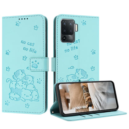 OPPO F19 Pro Embossed Kitten PU Leather Wallet Case with Card Slots, Cash Pocket, Kickstand Function, Wrist Lanyard Strap, Full Protective TPU Flip Cover