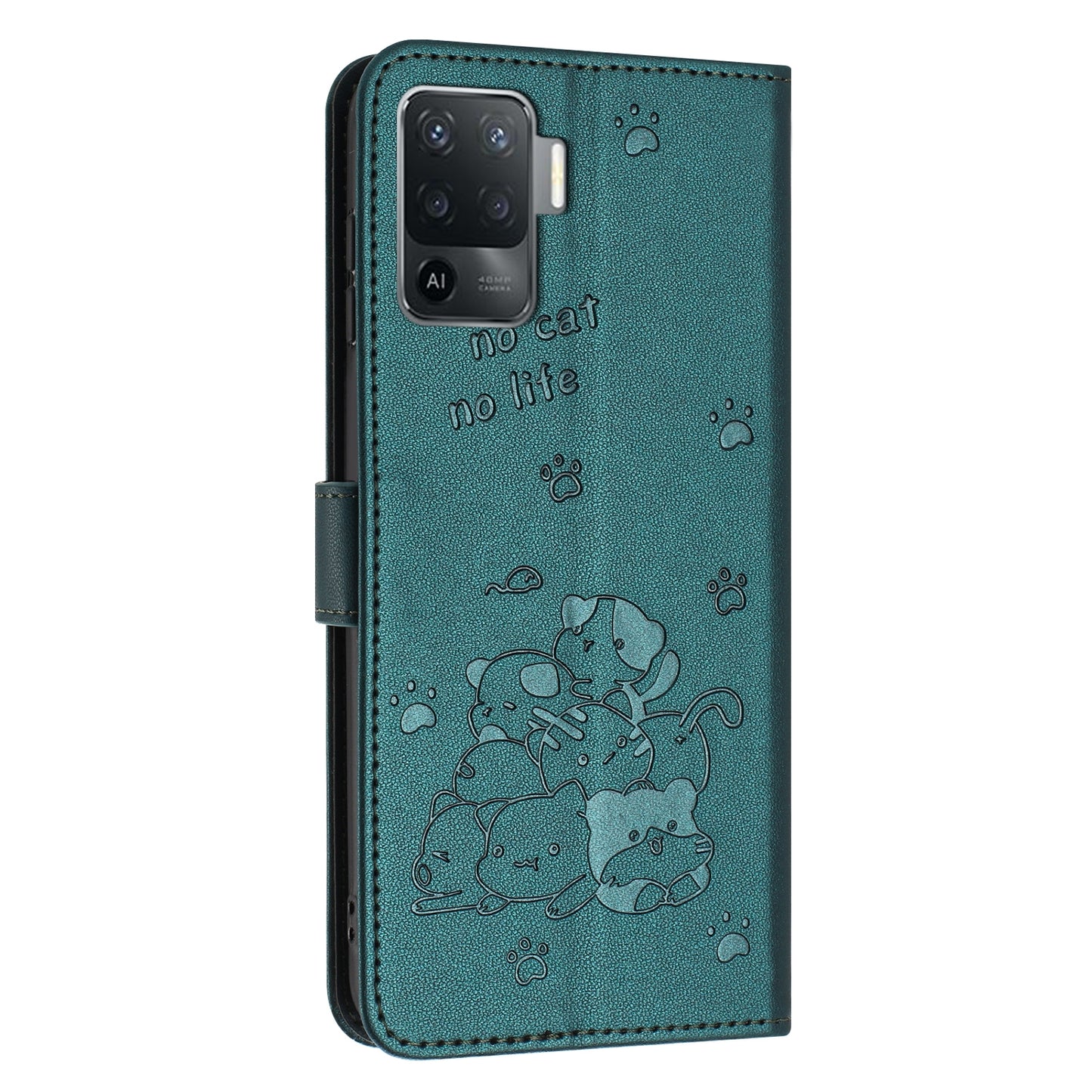 OPPO F19 Pro Embossed Kitten PU Leather Wallet Case with Card Slots, Cash Pocket, Kickstand Function, Wrist Lanyard Strap, Full Protective TPU Flip Cover