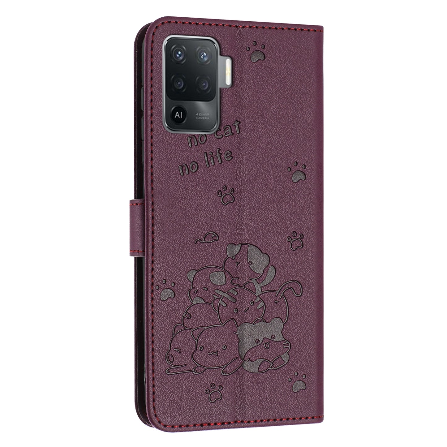 OPPO F19 Pro Embossed Kitten PU Leather Wallet Case with Card Slots, Cash Pocket, Kickstand Function, Wrist Lanyard Strap, Full Protective TPU Flip Cover