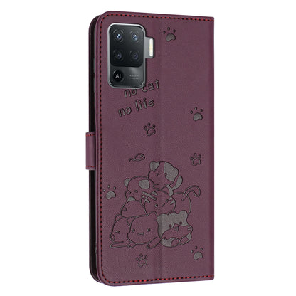 OPPO F19 Pro Embossed Kitten PU Leather Wallet Case with Card Slots, Cash Pocket, Kickstand Function, Wrist Lanyard Strap, Full Protective TPU Flip Cover