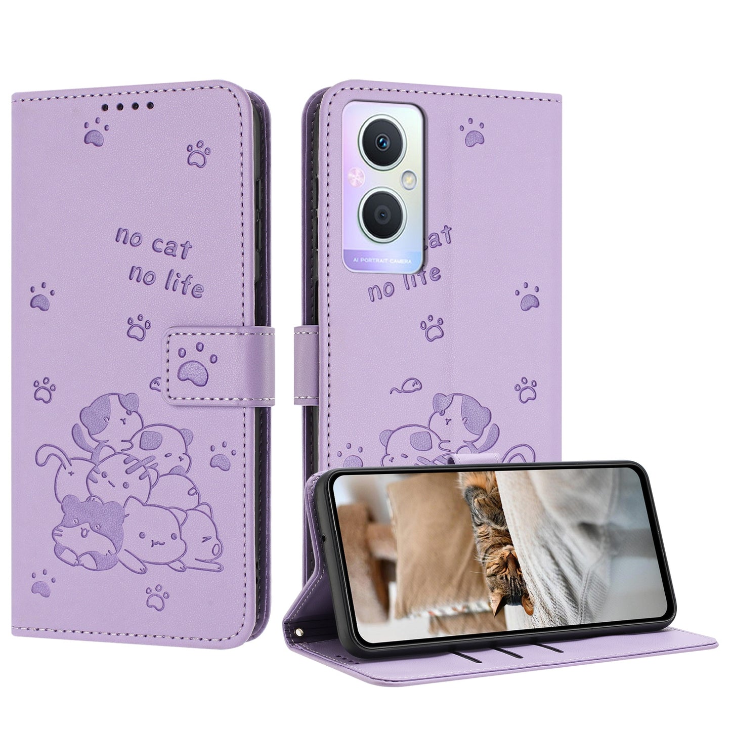 OPPO Reno7 Z Embossed Kitten PU Leather Wallet Case with Card Slots, Cash Pocket, Kickstand Function, Wrist Lanyard Strap, Full Protective TPU Flip Cover