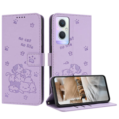 OPPO Reno7 Z Embossed Kitten PU Leather Wallet Case with Card Slots, Cash Pocket, Kickstand Function, Wrist Lanyard Strap, Full Protective TPU Flip Cover