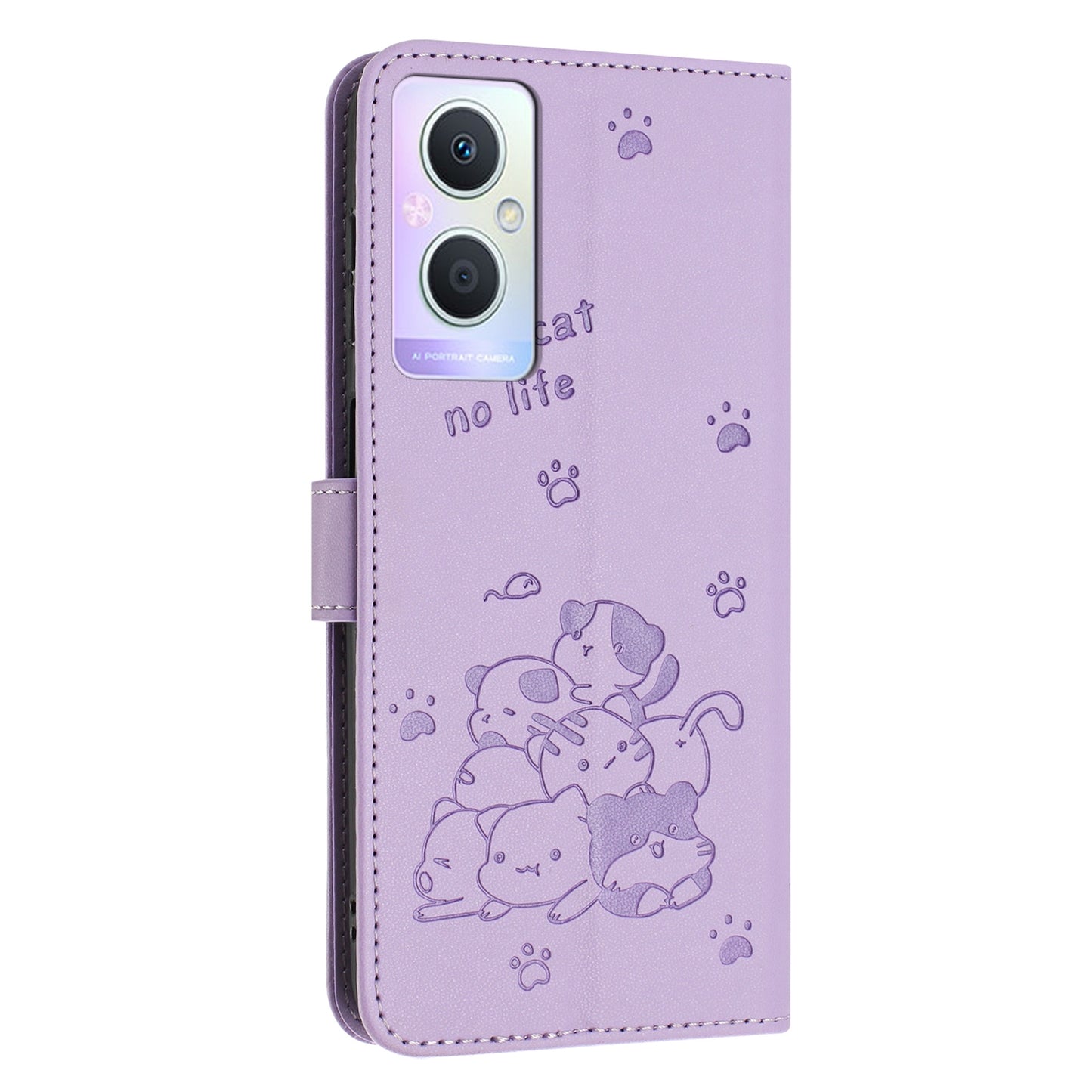 OPPO Reno7 Z Embossed Kitten PU Leather Wallet Case with Card Slots, Cash Pocket, Kickstand Function, Wrist Lanyard Strap, Full Protective TPU Flip Cover