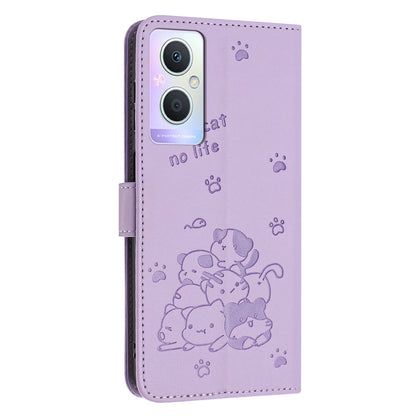 OPPO Reno7 Z Embossed Kitten PU Leather Wallet Case with Card Slots, Cash Pocket, Kickstand Function, Wrist Lanyard Strap, Full Protective TPU Flip Cover