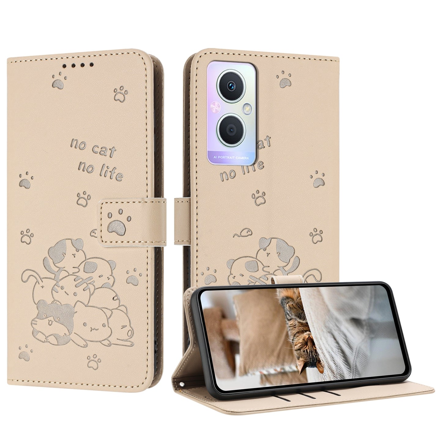 OPPO Reno7 Z Embossed Kitten PU Leather Wallet Case with Card Slots, Cash Pocket, Kickstand Function, Wrist Lanyard Strap, Full Protective TPU Flip Cover