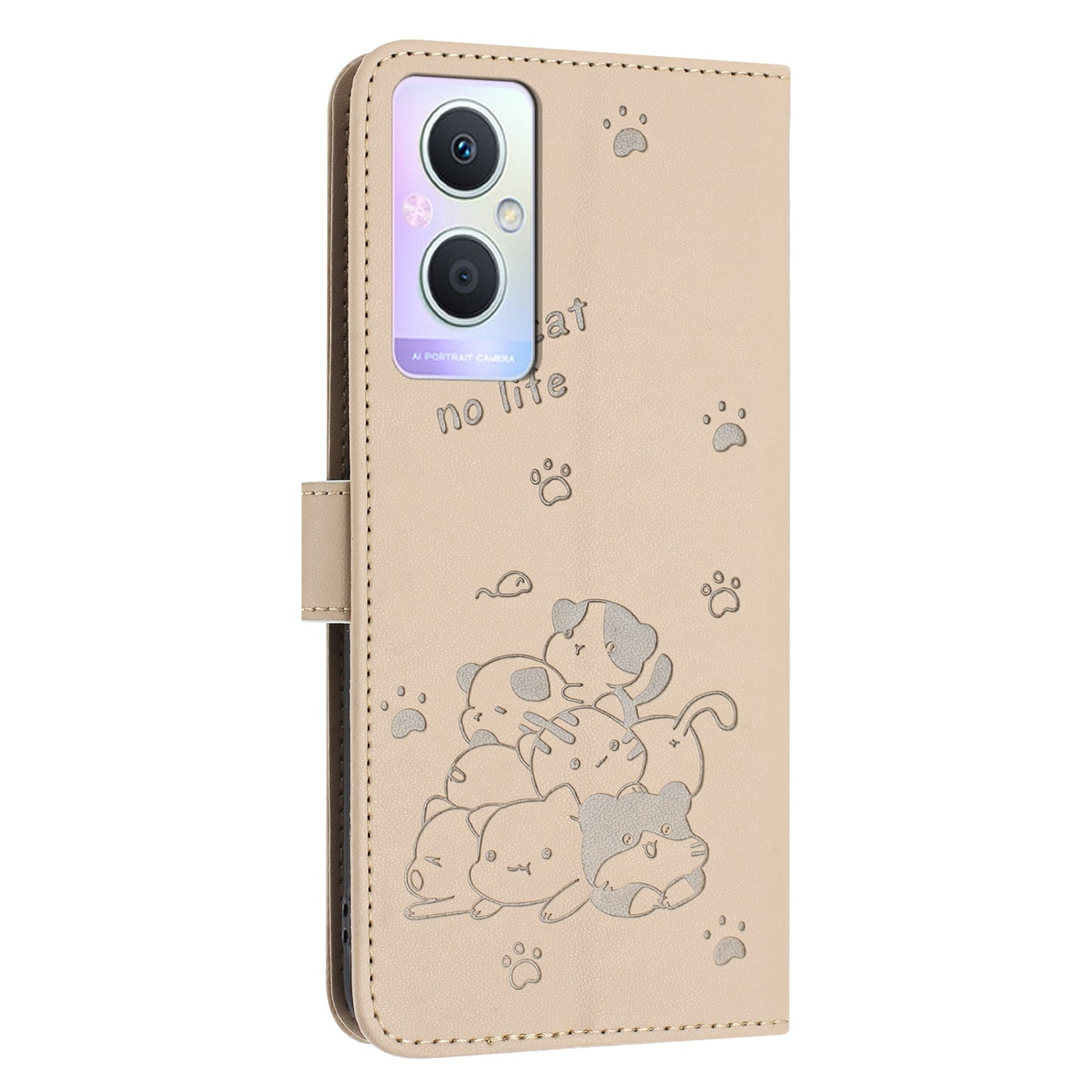 OPPO Reno7 Z Embossed Kitten PU Leather Wallet Case with Card Slots, Cash Pocket, Kickstand Function, Wrist Lanyard Strap, Full Protective TPU Flip Cover