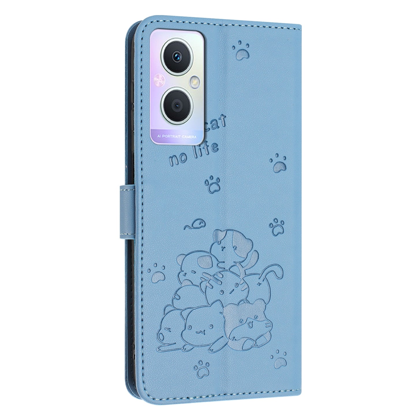 OPPO Reno7 Z Embossed Kitten PU Leather Wallet Case with Card Slots, Cash Pocket, Kickstand Function, Wrist Lanyard Strap, Full Protective TPU Flip Cover