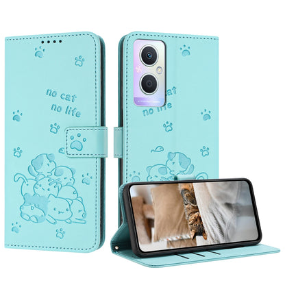 OPPO Reno7 Z Embossed Kitten PU Leather Wallet Case with Card Slots, Cash Pocket, Kickstand Function, Wrist Lanyard Strap, Full Protective TPU Flip Cover