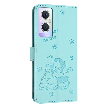 OPPO Reno7 Z Embossed Kitten PU Leather Wallet Case with Card Slots, Cash Pocket, Kickstand Function, Wrist Lanyard Strap, Full Protective TPU Flip Cover