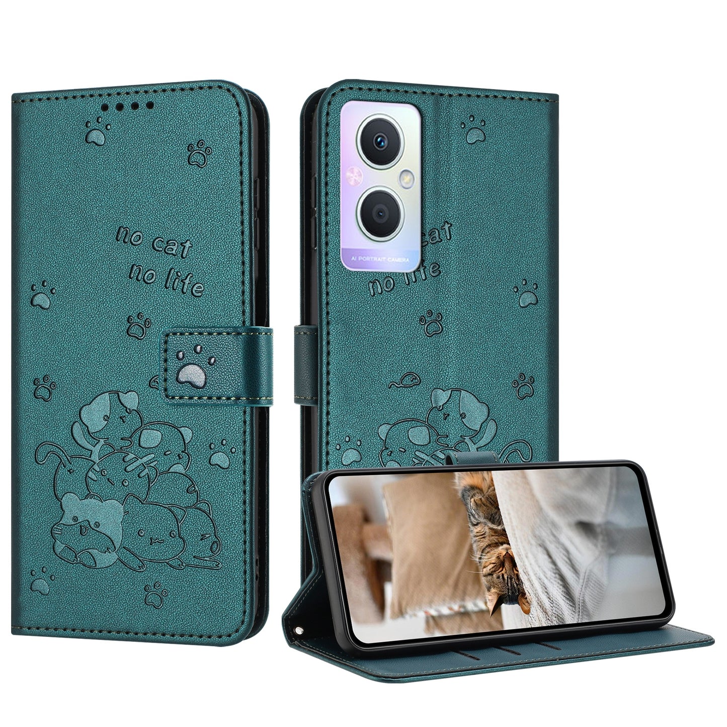 OPPO Reno7 Z Embossed Kitten PU Leather Wallet Case with Card Slots, Cash Pocket, Kickstand Function, Wrist Lanyard Strap, Full Protective TPU Flip Cover