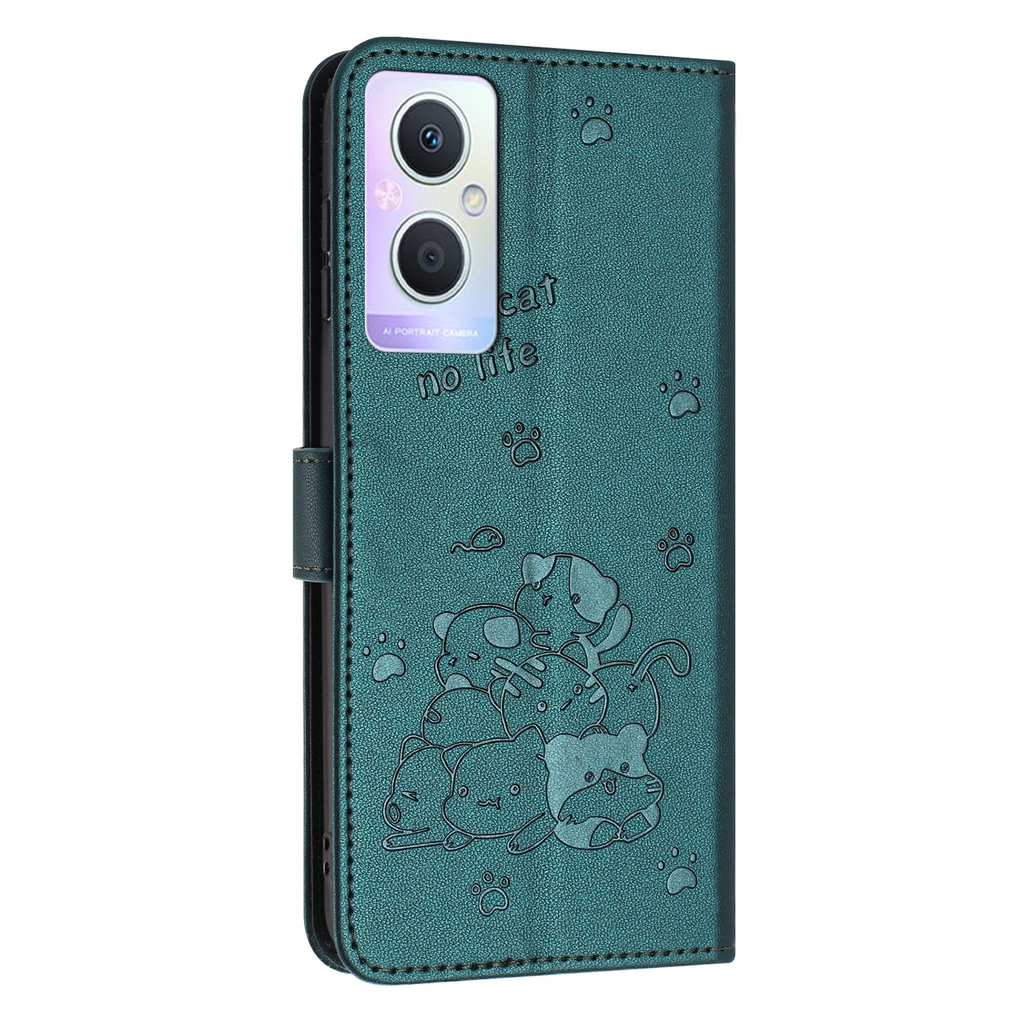 OPPO Reno7 Z Embossed Kitten PU Leather Wallet Case with Card Slots, Cash Pocket, Kickstand Function, Wrist Lanyard Strap, Full Protective TPU Flip Cover