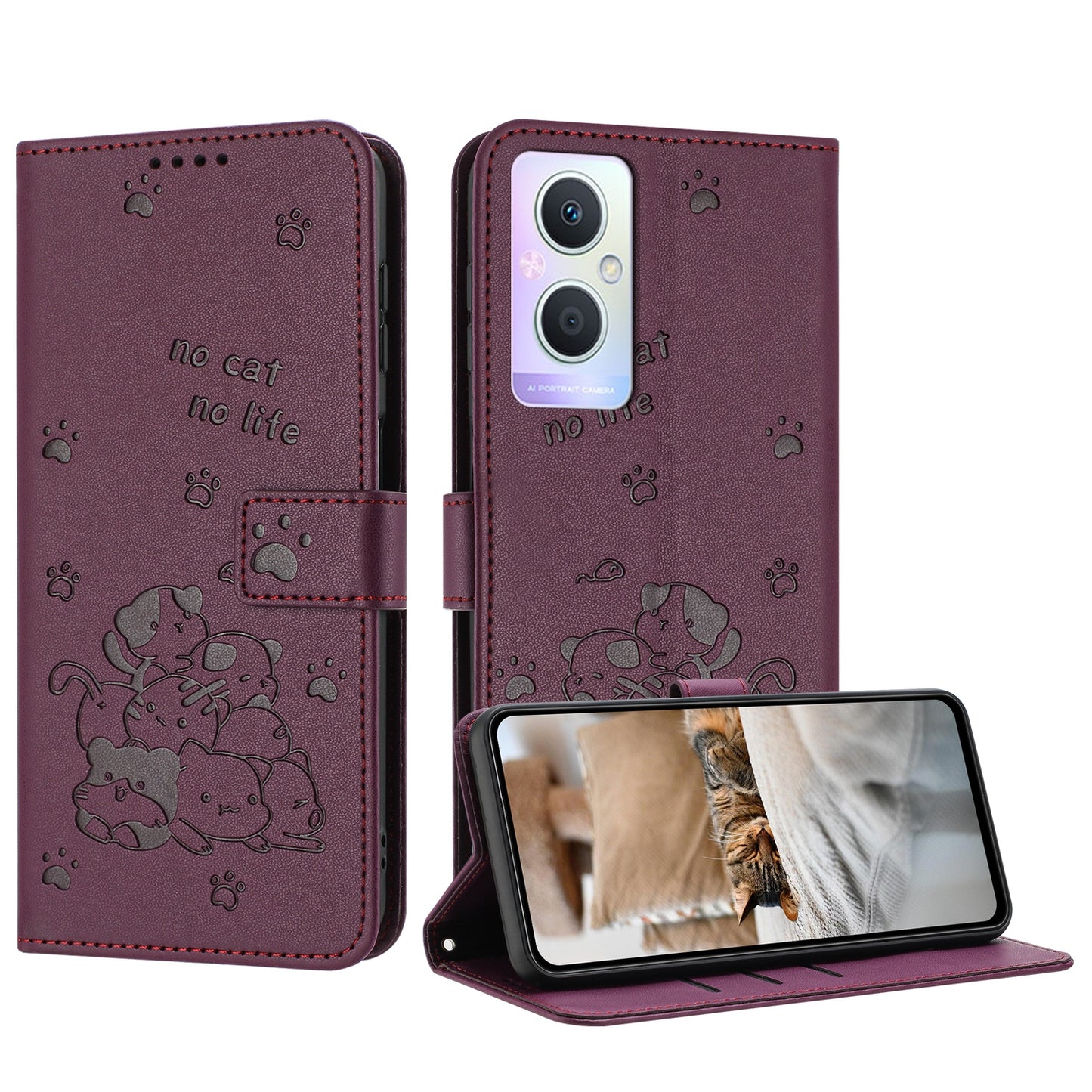 OPPO Reno7 Z Embossed Kitten PU Leather Wallet Case with Card Slots, Cash Pocket, Kickstand Function, Wrist Lanyard Strap, Full Protective TPU Flip Cover