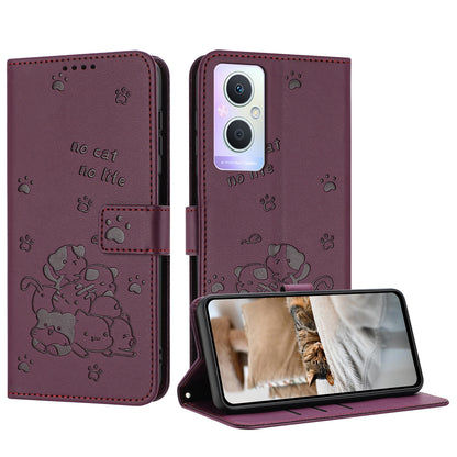 OPPO Reno7 Z Embossed Kitten PU Leather Wallet Case with Card Slots, Cash Pocket, Kickstand Function, Wrist Lanyard Strap, Full Protective TPU Flip Cover