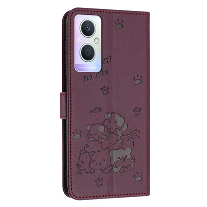 OPPO Reno7 Z Embossed Kitten PU Leather Wallet Case with Card Slots, Cash Pocket, Kickstand Function, Wrist Lanyard Strap, Full Protective TPU Flip Cover