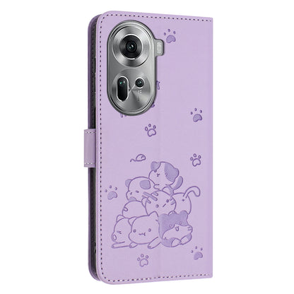 OPPO Reno11 5G Embossed Kitten PU Leather Wallet Case with Card Slots, Cash Pocket, Kickstand Function, Wrist Lanyard Strap, Full Protective TPU Flip Cover