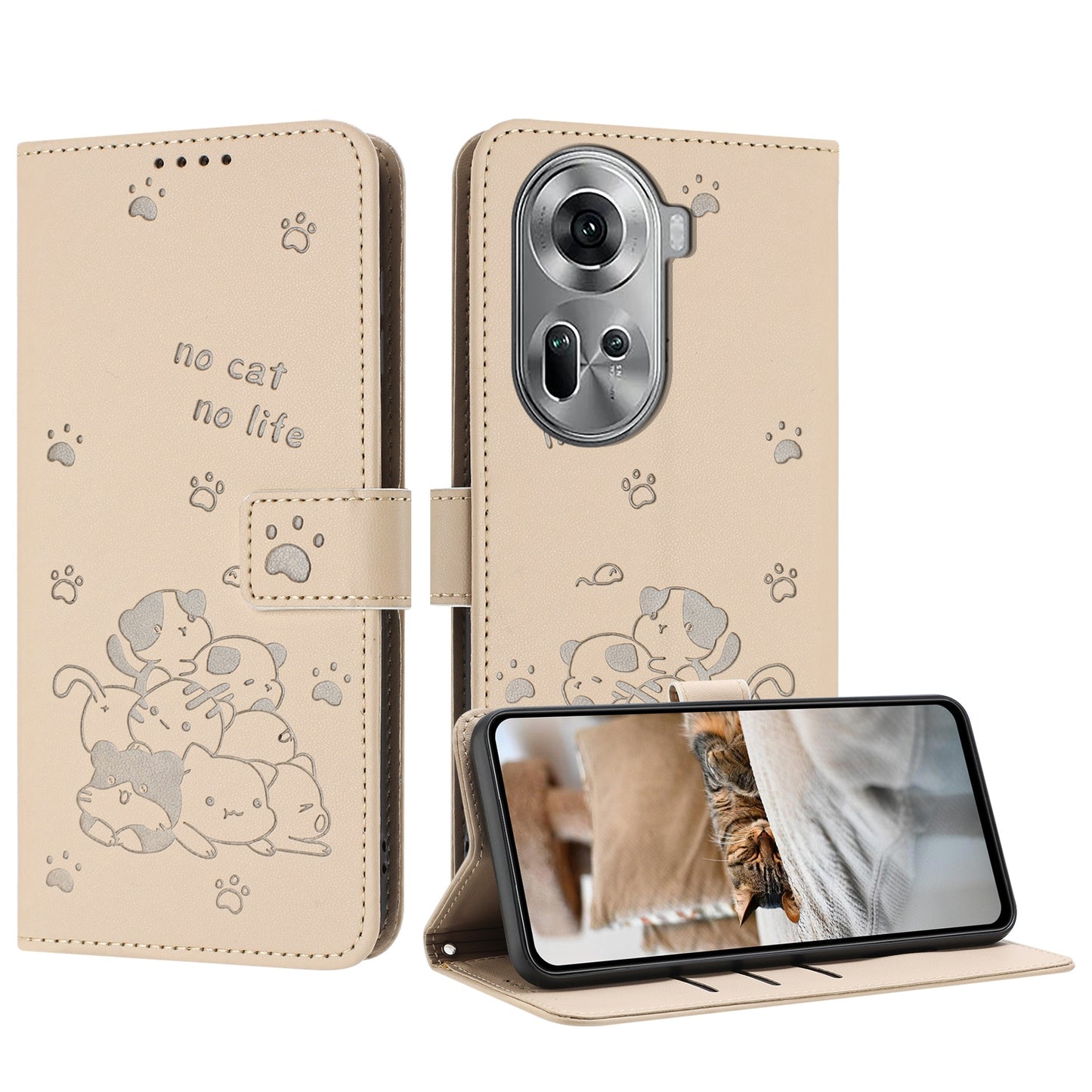 OPPO Reno11 5G Embossed Kitten PU Leather Wallet Case with Card Slots, Cash Pocket, Kickstand Function, Wrist Lanyard Strap, Full Protective TPU Flip Cover
