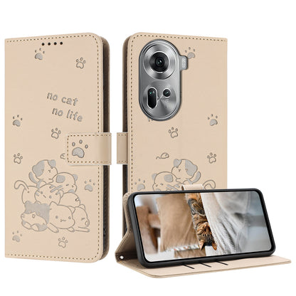 OPPO Reno11 5G Embossed Kitten PU Leather Wallet Case with Card Slots, Cash Pocket, Kickstand Function, Wrist Lanyard Strap, Full Protective TPU Flip Cover