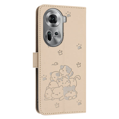 OPPO Reno11 5G Embossed Kitten PU Leather Wallet Case with Card Slots, Cash Pocket, Kickstand Function, Wrist Lanyard Strap, Full Protective TPU Flip Cover