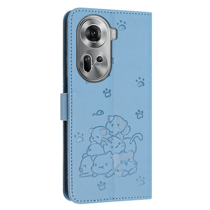 OPPO Reno11 5G Embossed Kitten PU Leather Wallet Case with Card Slots, Cash Pocket, Kickstand Function, Wrist Lanyard Strap, Full Protective TPU Flip Cover
