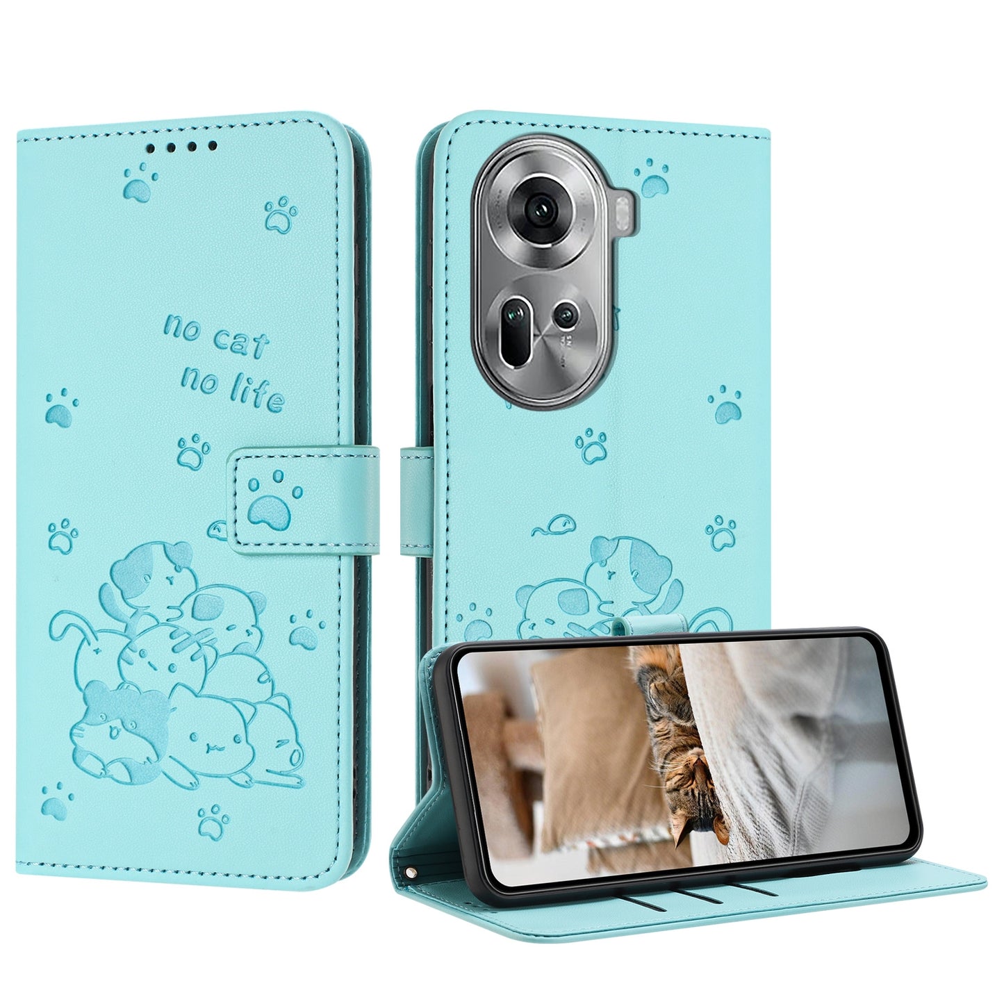 OPPO Reno11 5G Embossed Kitten PU Leather Wallet Case with Card Slots, Cash Pocket, Kickstand Function, Wrist Lanyard Strap, Full Protective TPU Flip Cover
