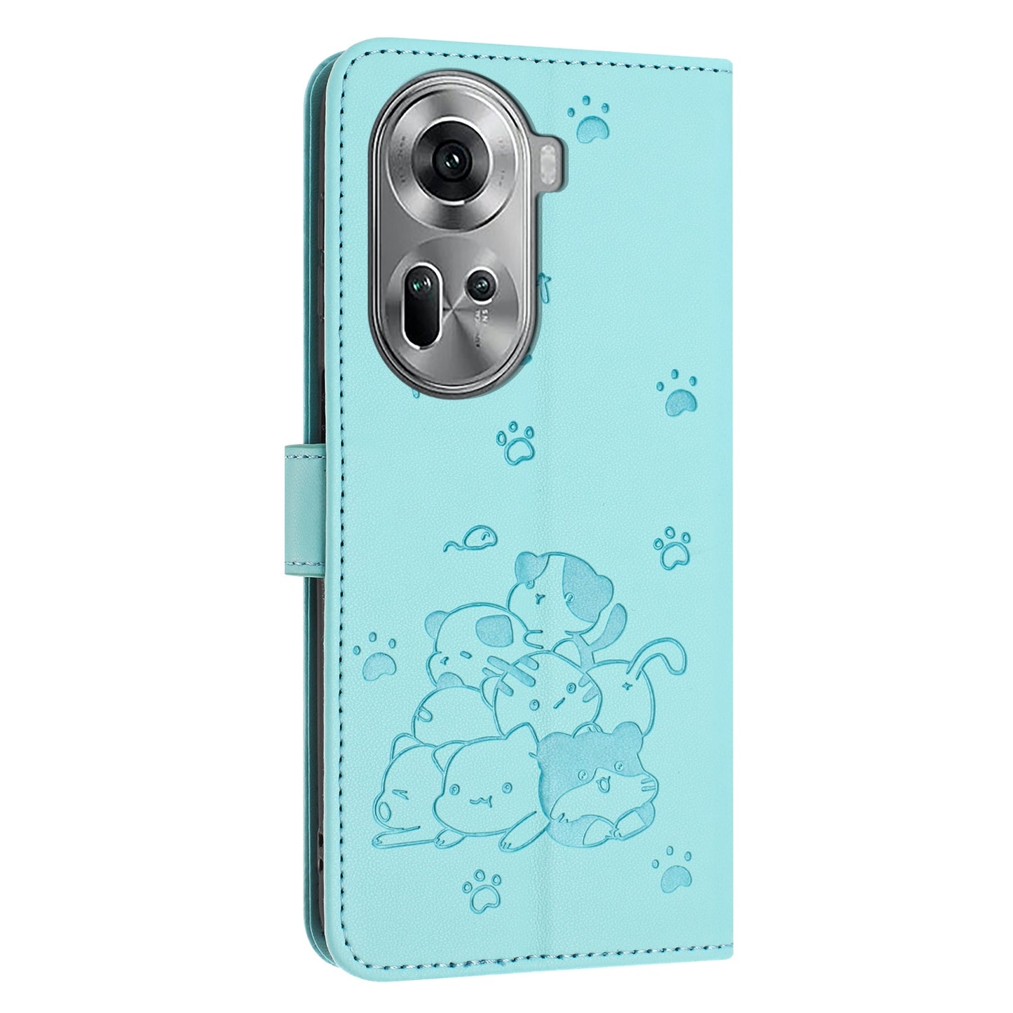 OPPO Reno11 5G Embossed Kitten PU Leather Wallet Case with Card Slots, Cash Pocket, Kickstand Function, Wrist Lanyard Strap, Full Protective TPU Flip Cover