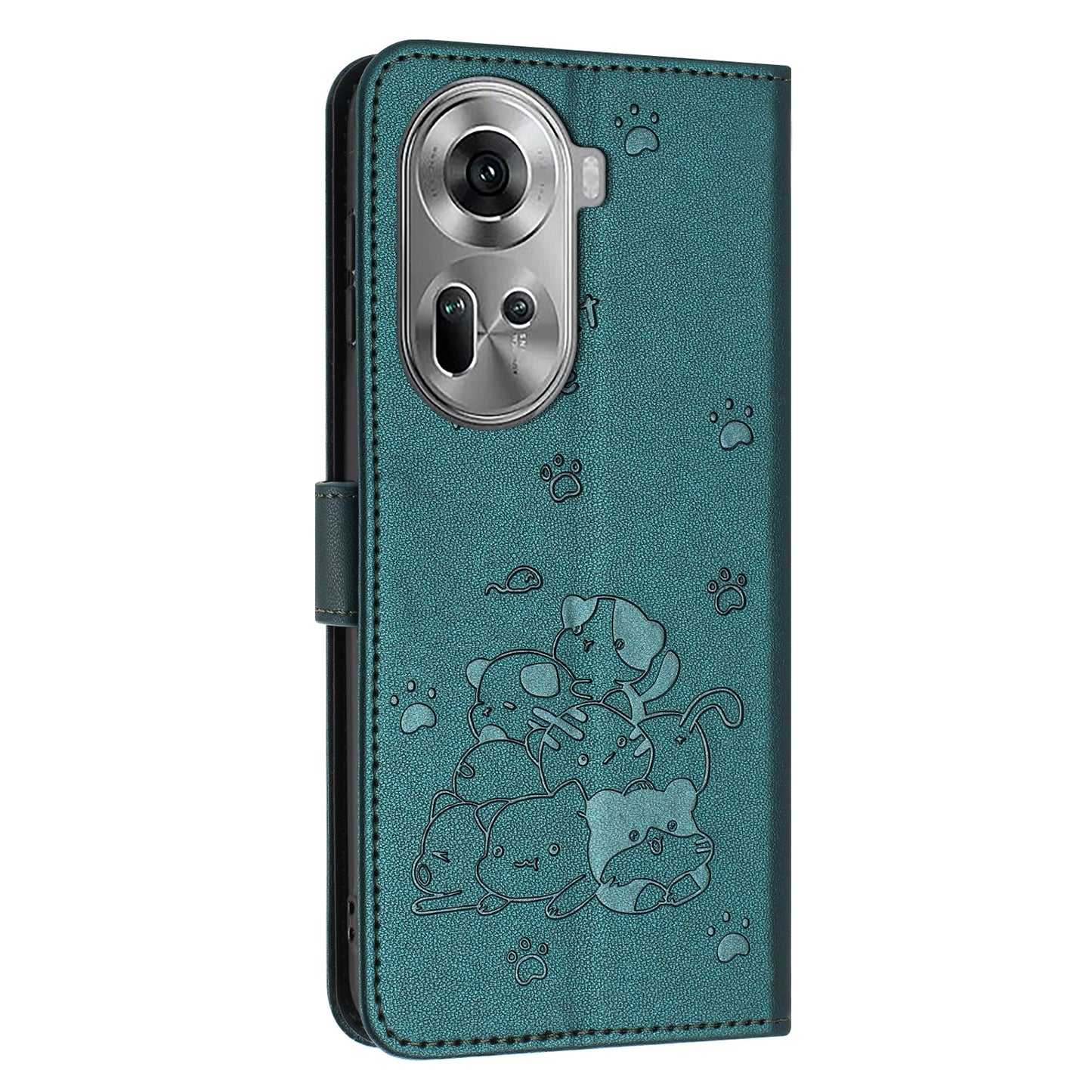 OPPO Reno11 5G Embossed Kitten PU Leather Wallet Case with Card Slots, Cash Pocket, Kickstand Function, Wrist Lanyard Strap, Full Protective TPU Flip Cover