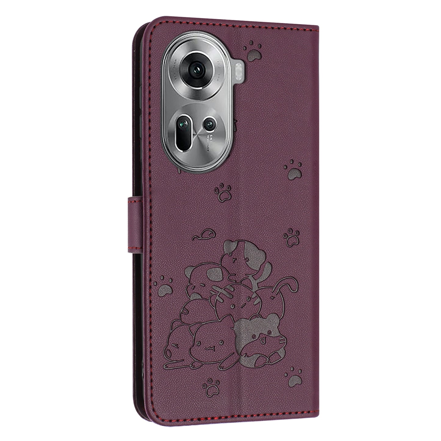 OPPO Reno11 5G Embossed Kitten PU Leather Wallet Case with Card Slots, Cash Pocket, Kickstand Function, Wrist Lanyard Strap, Full Protective TPU Flip Cover