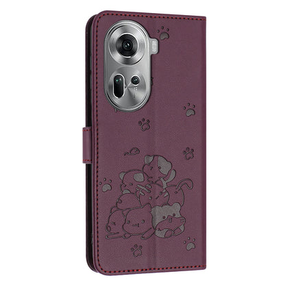 OPPO Reno11 5G Embossed Kitten PU Leather Wallet Case with Card Slots, Cash Pocket, Kickstand Function, Wrist Lanyard Strap, Full Protective TPU Flip Cover