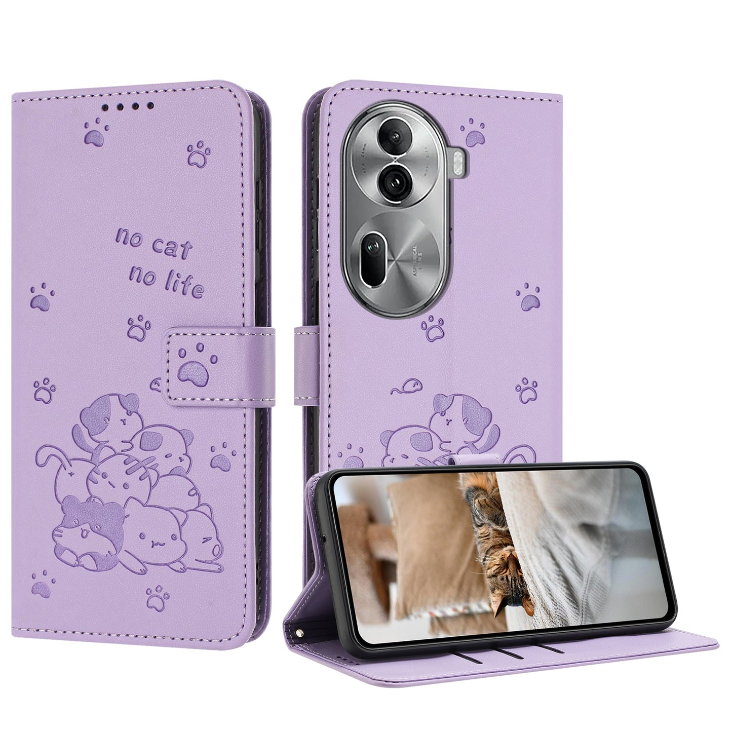 OPPO Reno11 Pro Embossed Kitten PU Leather Wallet Case with Card Slots, Cash Pocket, Kickstand Function, Wrist Lanyard Strap, Full Protective TPU Flip Cover
